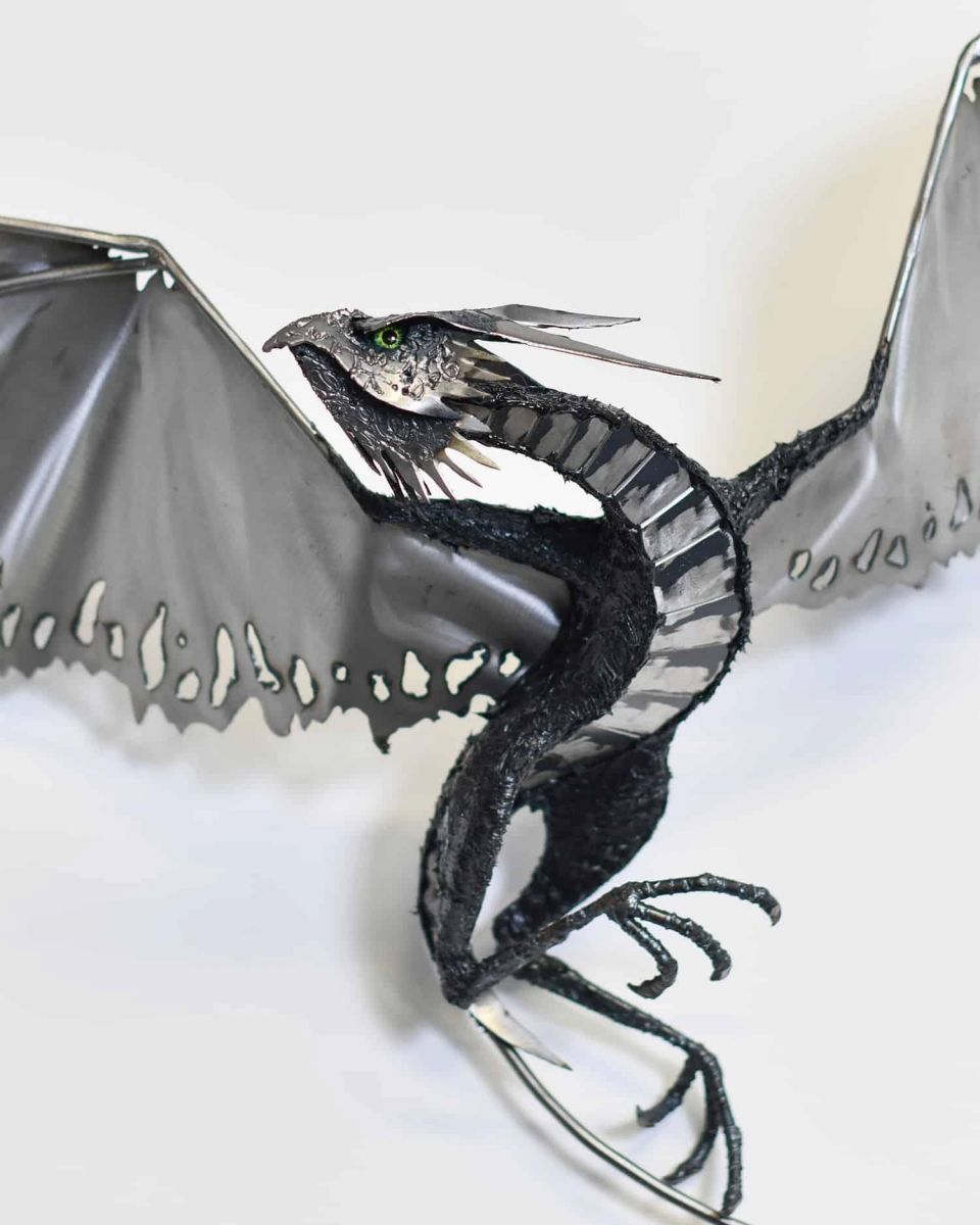 Close-Up of Artist Piece - Bespoke Recycled Metal "Askook" Dragon Wall Art - Black in Situ