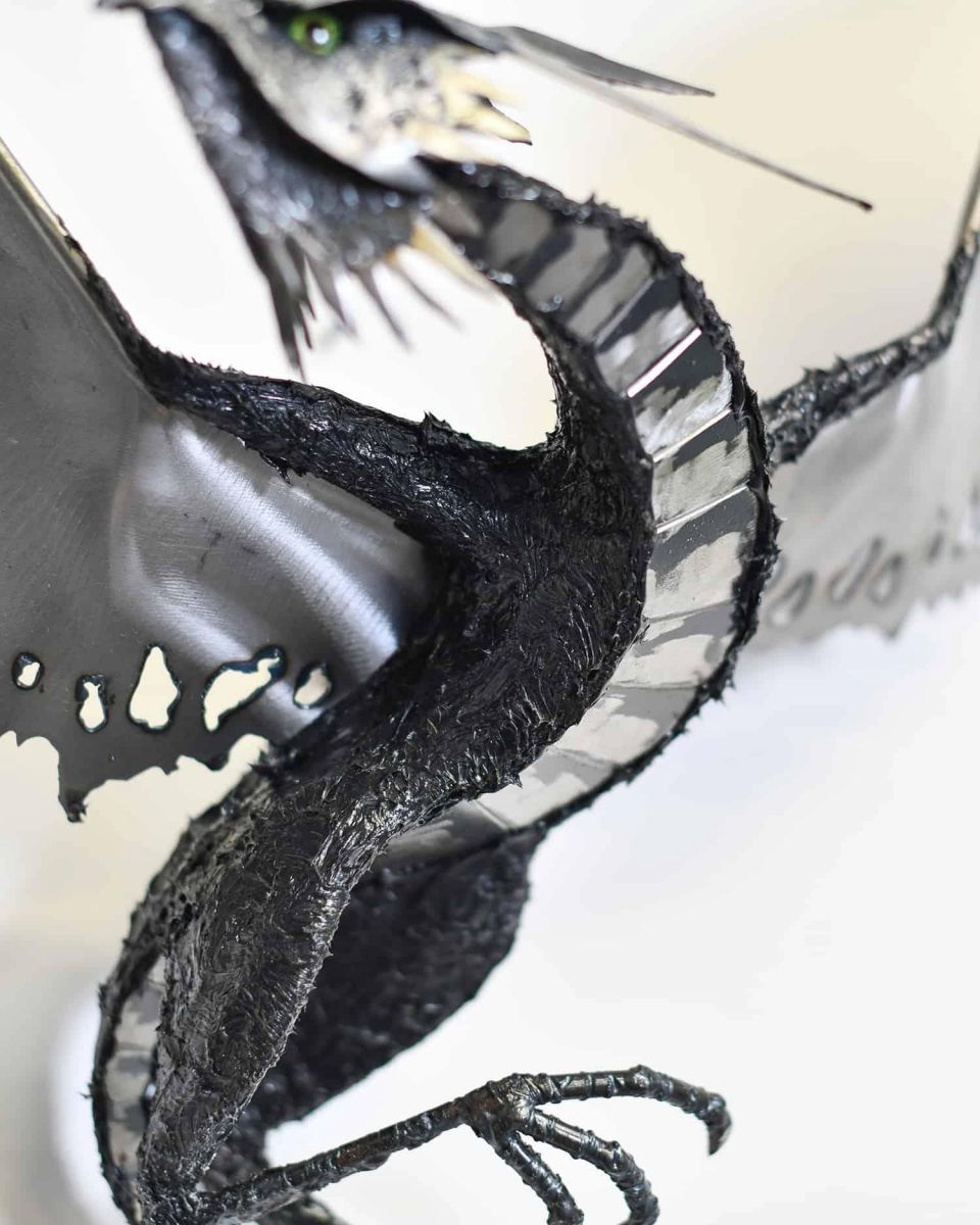 Close-Up of Detail on Artist Piece - Bespoke Recycled Metal "Askook" Dragon Wall Art - Black