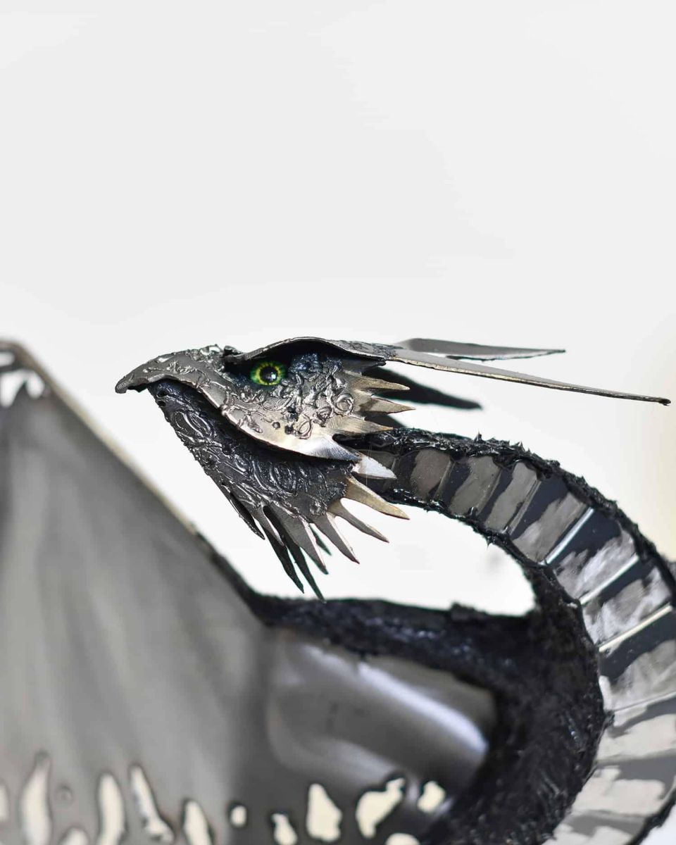 Close-Up of Artist Piece - Bespoke Recycled Metal "Askook" Dragon Wall Art - Black