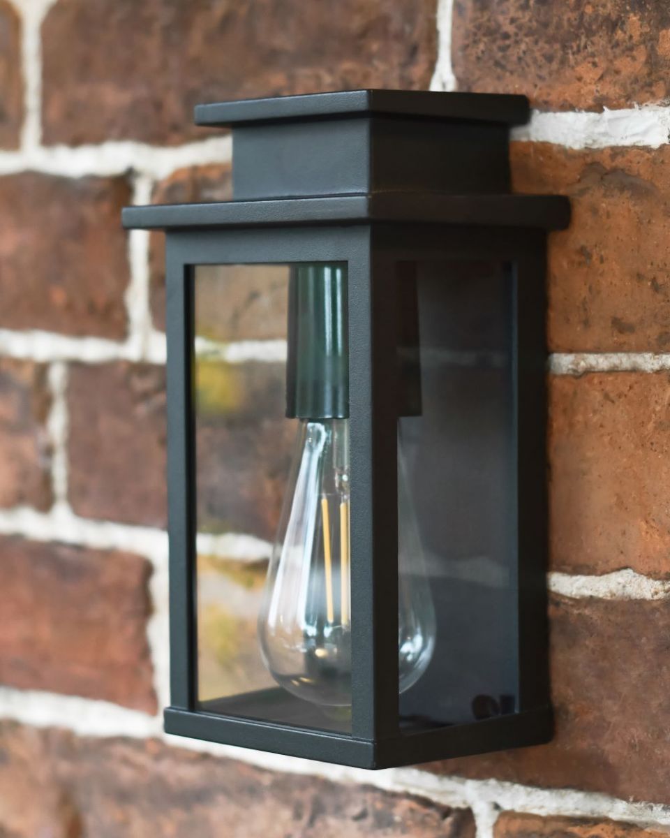 Contemporary "Beaumont" Black Wall Lantern in Situ on a Brick Wall