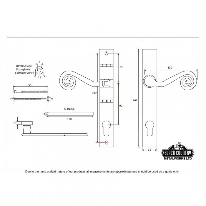 "Barbary" Slim Monkey tail Espagnolette Lock Set Dimensions