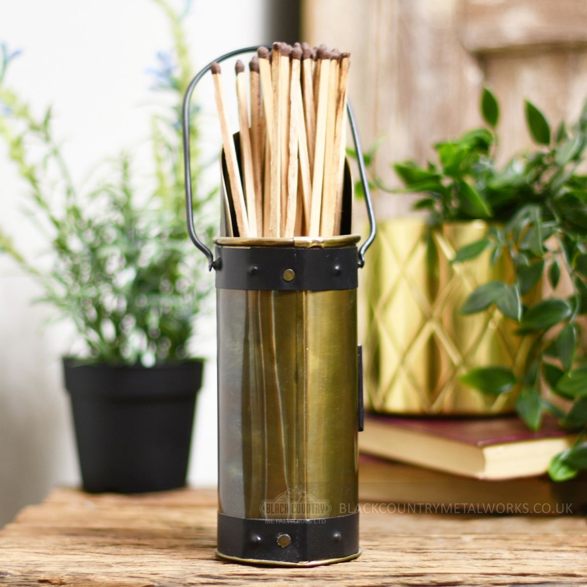 Bronze and black metal match stick holder - coal hod style