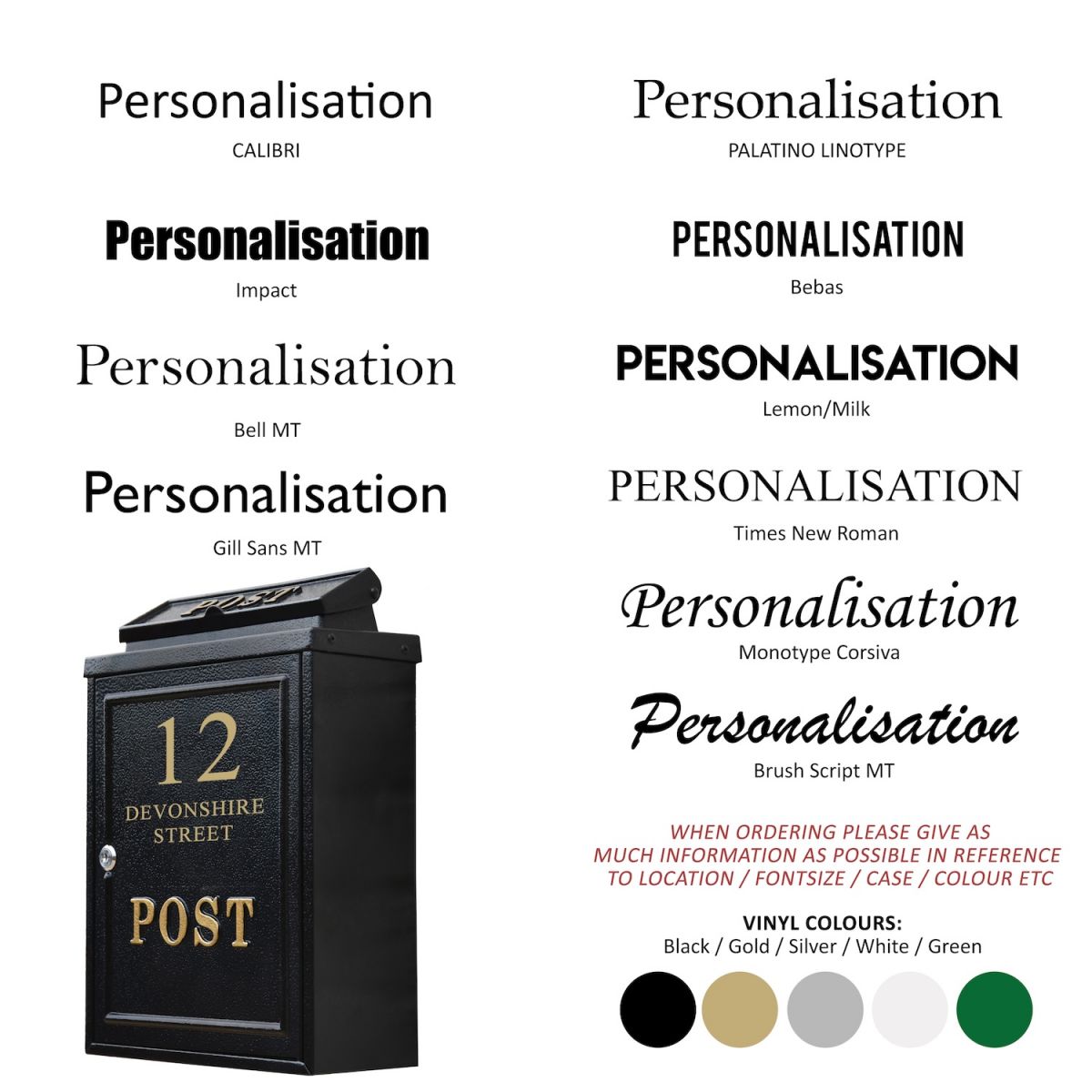 Personalisation options on black wall mounted post box