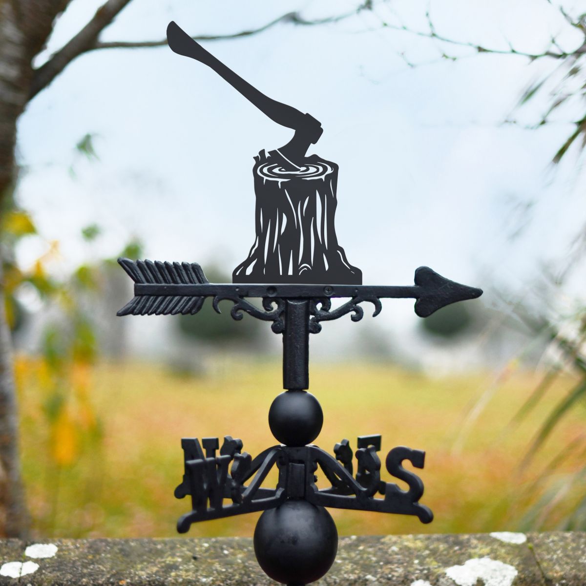 Woodcutter Axe & Tree Stump Weathervane outside