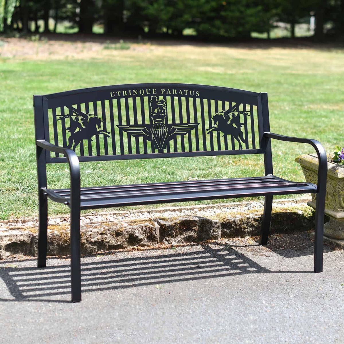 Iron & Steel Park Bench in Black with Bespoke "Airborne Forces" British Parachute Regiment Design