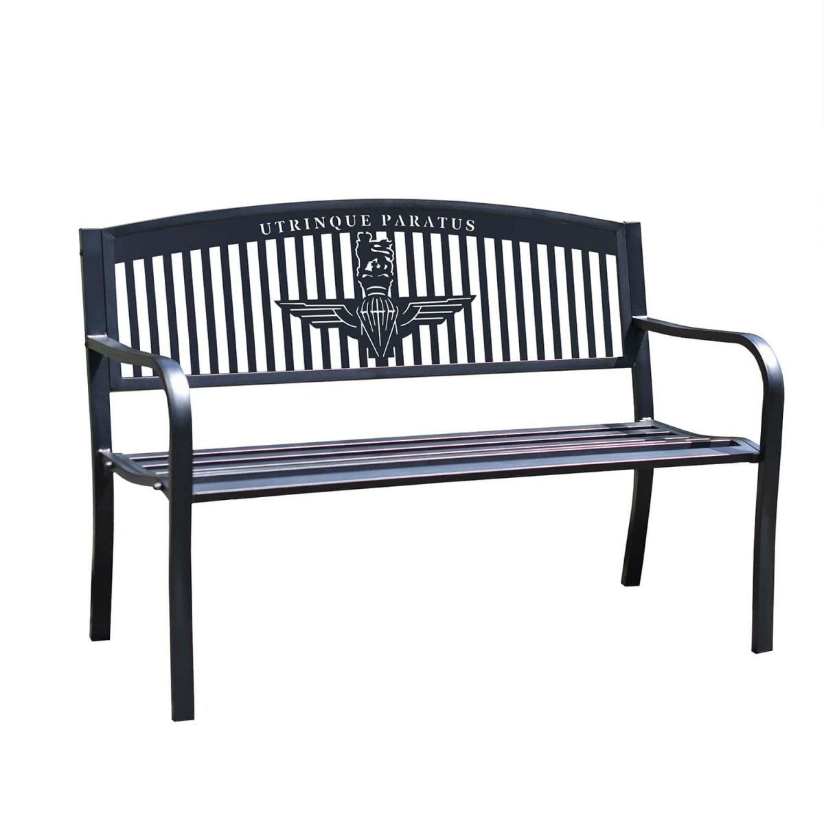 Bespoke "Utrinque Paratus" British Parachute Regiment Iron & Steel Park Bench in Black on White Background