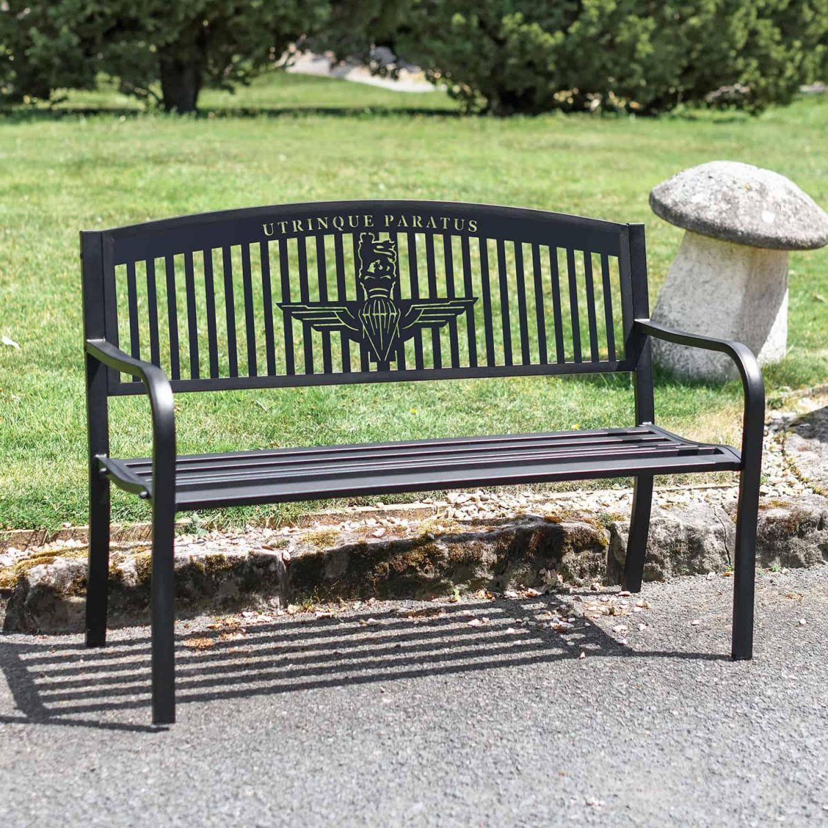 Iron & Steel Park Bench in Black with Bespoke "Utrinque Paratus" British Parachute Regiment Design in Situ