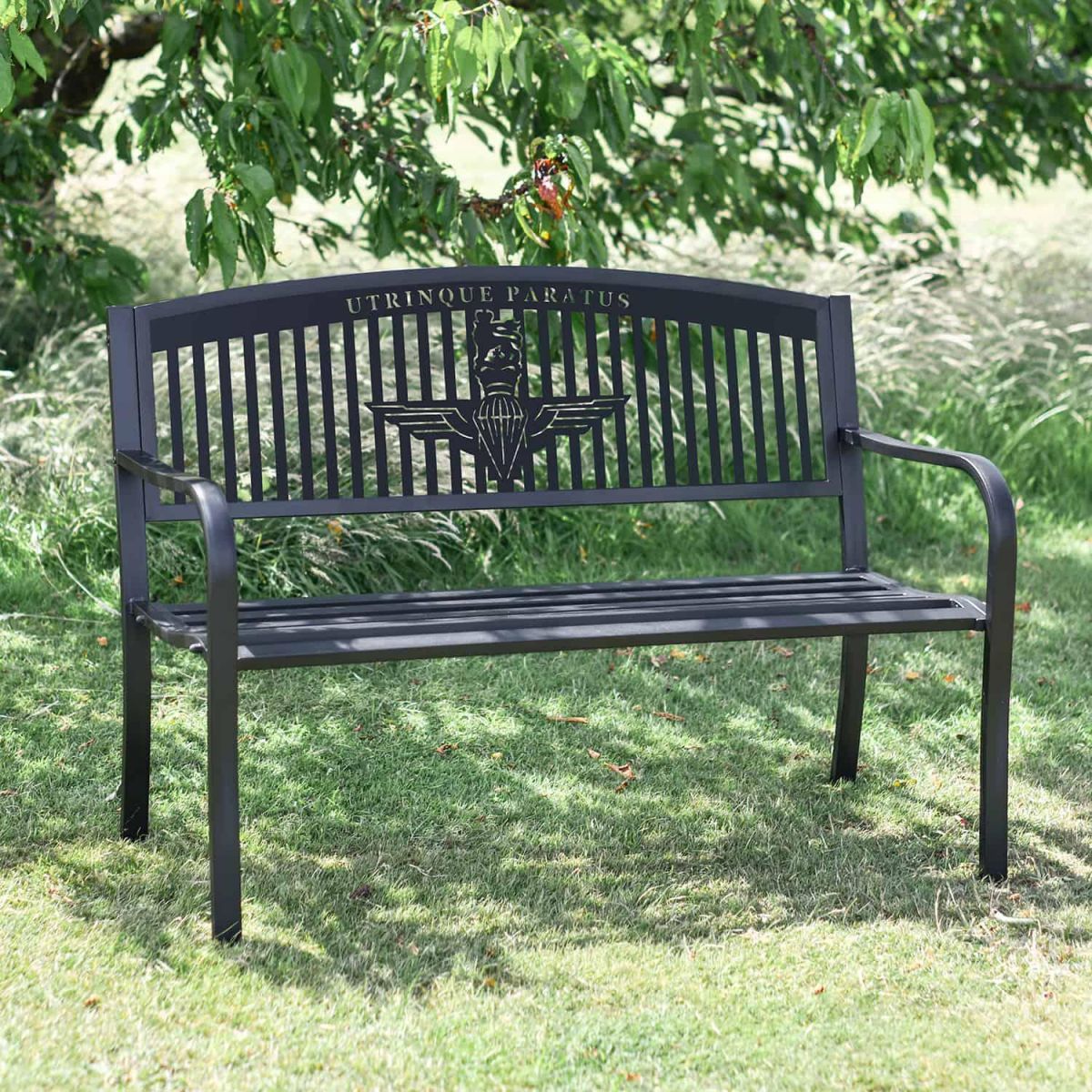 Bespoke "Utrinque Paratus" British Parachute Regiment Iron & Steel Park Bench in Black in SItu