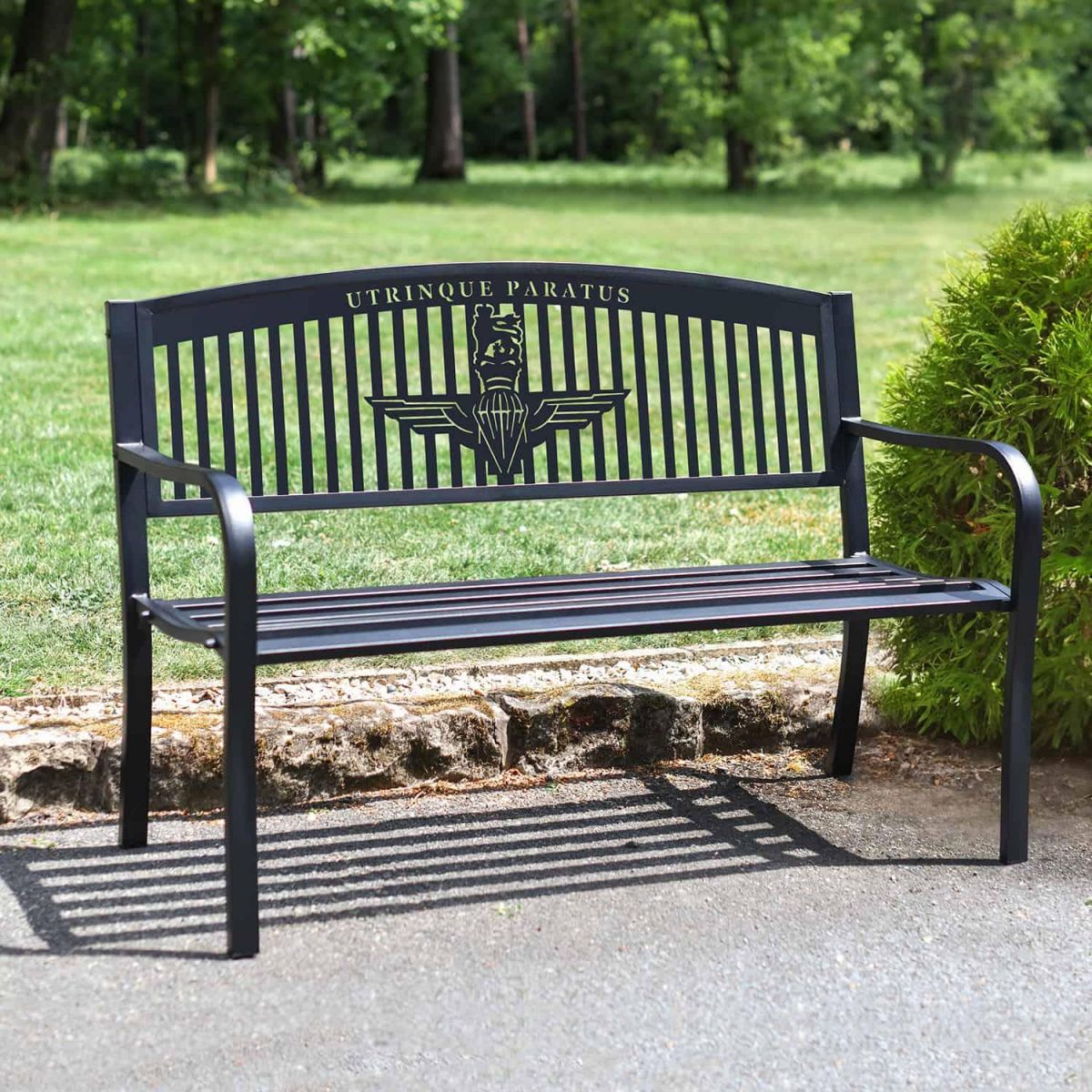 Iron & Steel Park Bench in Black with Bespoke "Utrinque Paratus" British Parachute Regiment Cut-Out