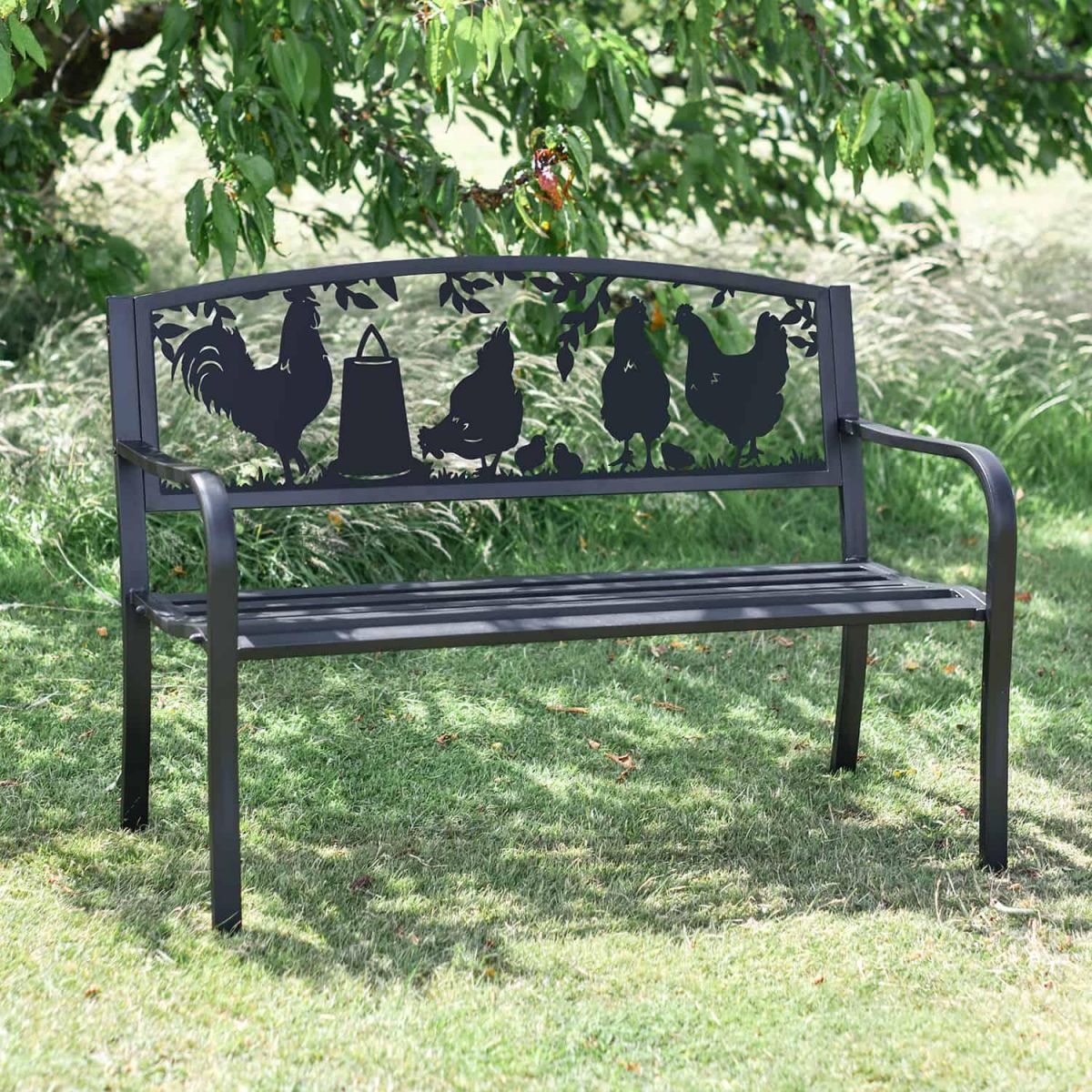 Iron & Steel Park Bench in Black with Bespoke Chickens & Rooster Backrest