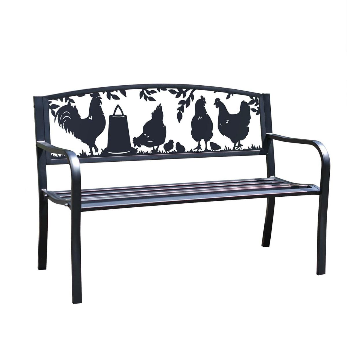 Close-Up of Bespoke Chickens & Rooster Iron & Steel Park Bench in Black