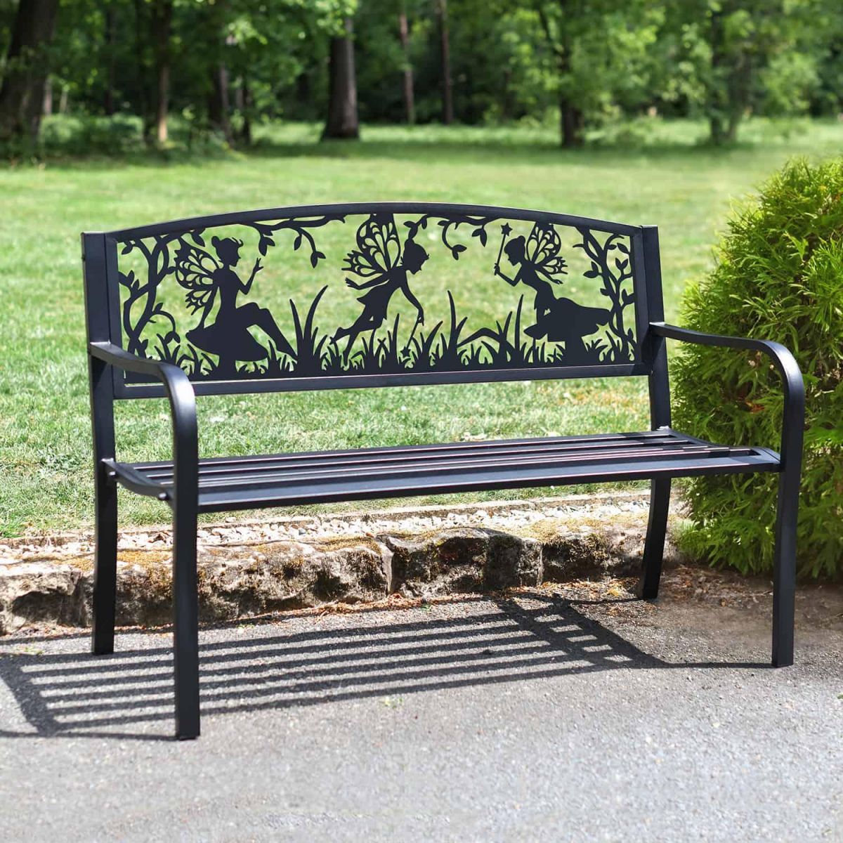 Iron & Steel Park Bench in Black with Bespoke Fairy Trio Design