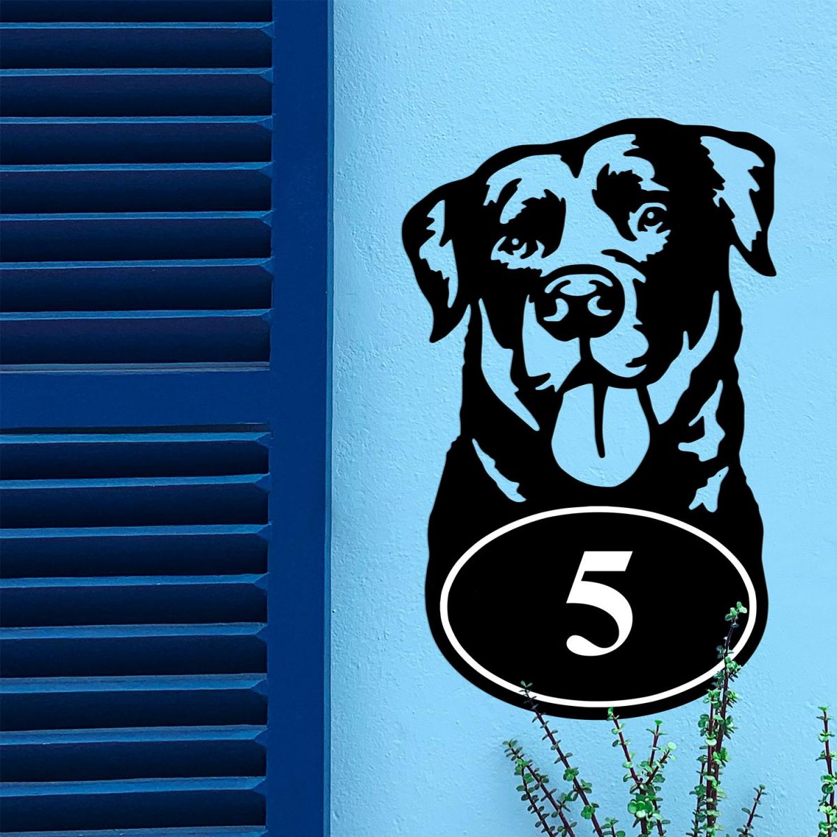 Bespoke Labrador House Number Sign On Blue Wall