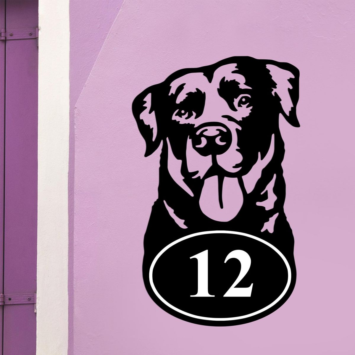 Bespoke Labrador House Number Sign On Lilac Wall
