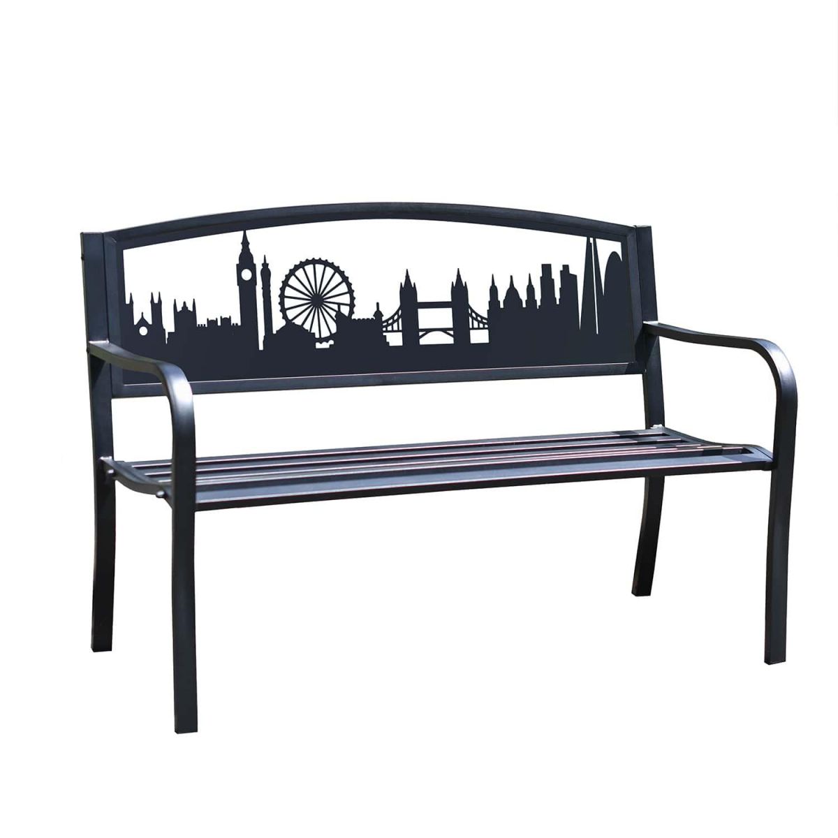 Bespoke London Cityscape Iron & Steel Park bench on White Background