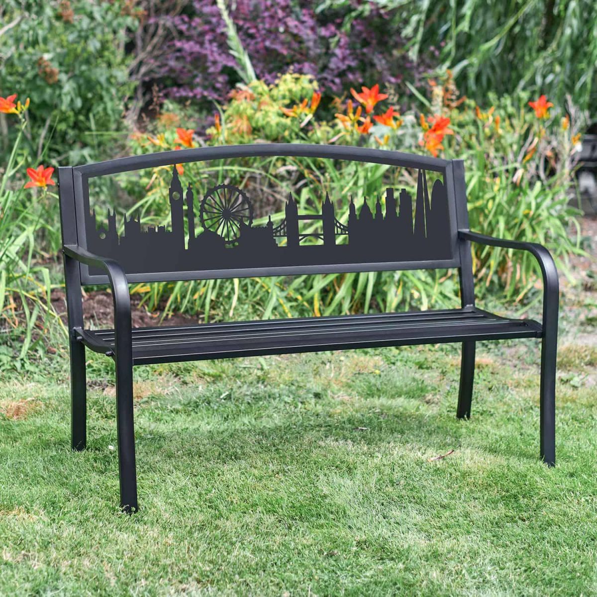 Iron & Steel Park bench with Bespoke London Cityscape 