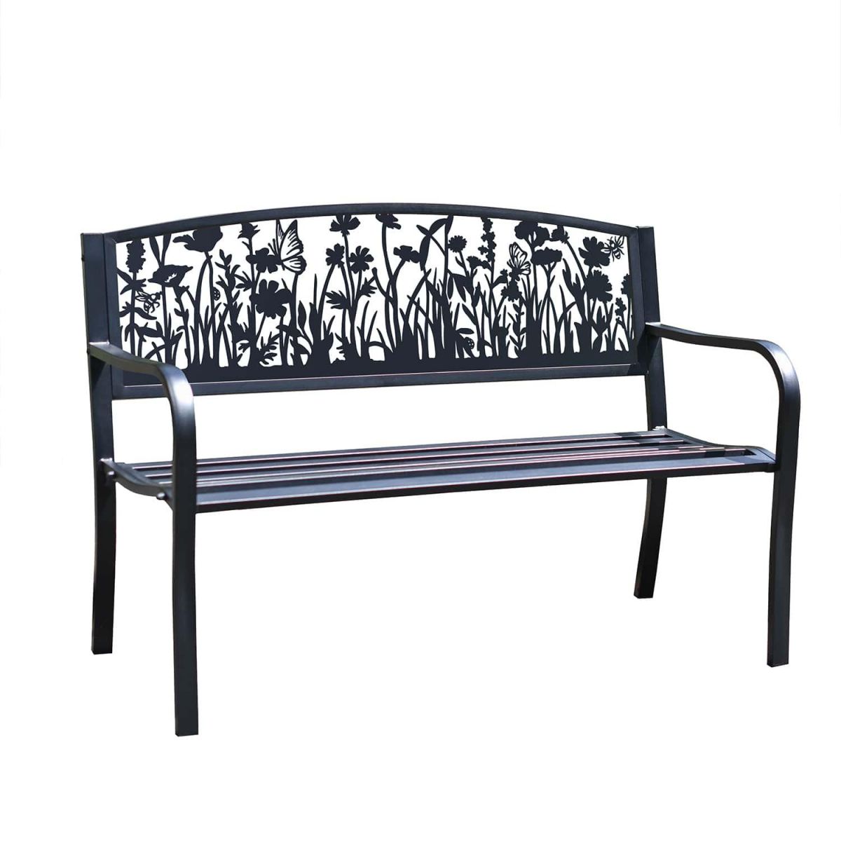 Bespoke Meadow Iron & Steel Park Bench in Black on White Baclground