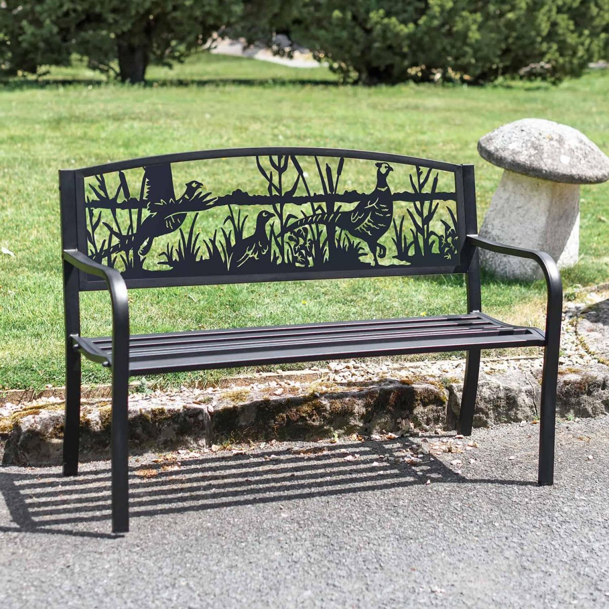 Iron & Steel Park Bench in Black with Bespoke Pheasant Cut-Out