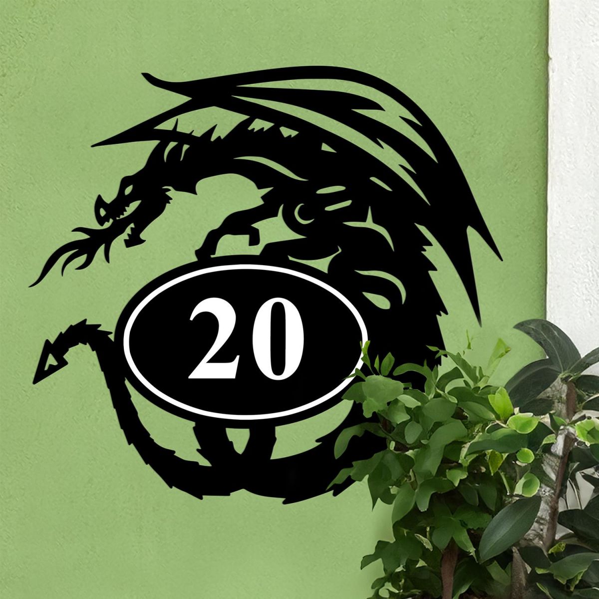 Bespoke Tribal Dragon House Number Sign On Green Background
