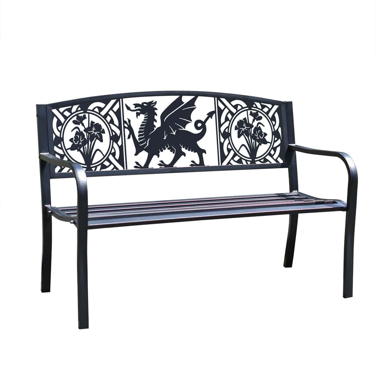 Bespoke Welsh Dragon Iron & Steel Park Bench in Black on White Background