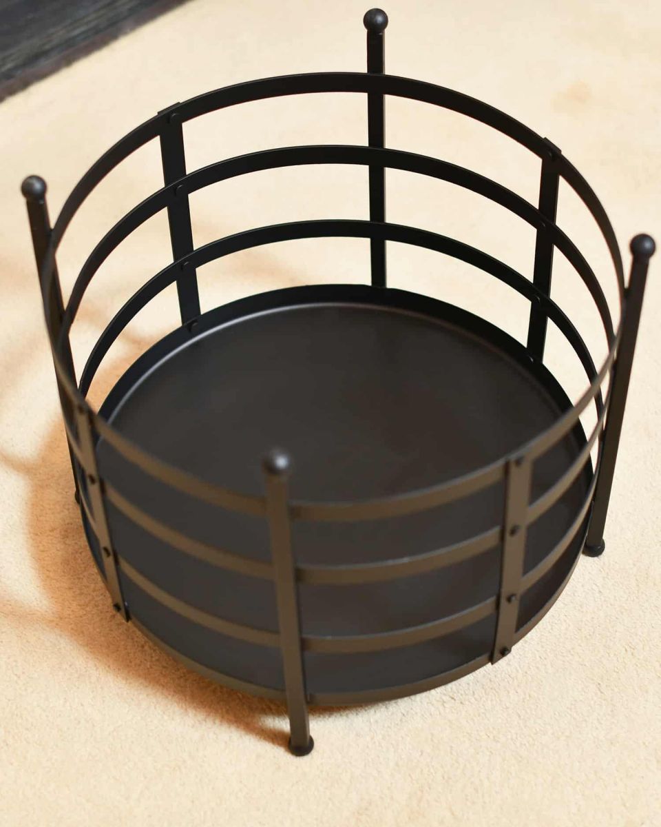 Close-Up of Empty Black "Basket" Log Holder