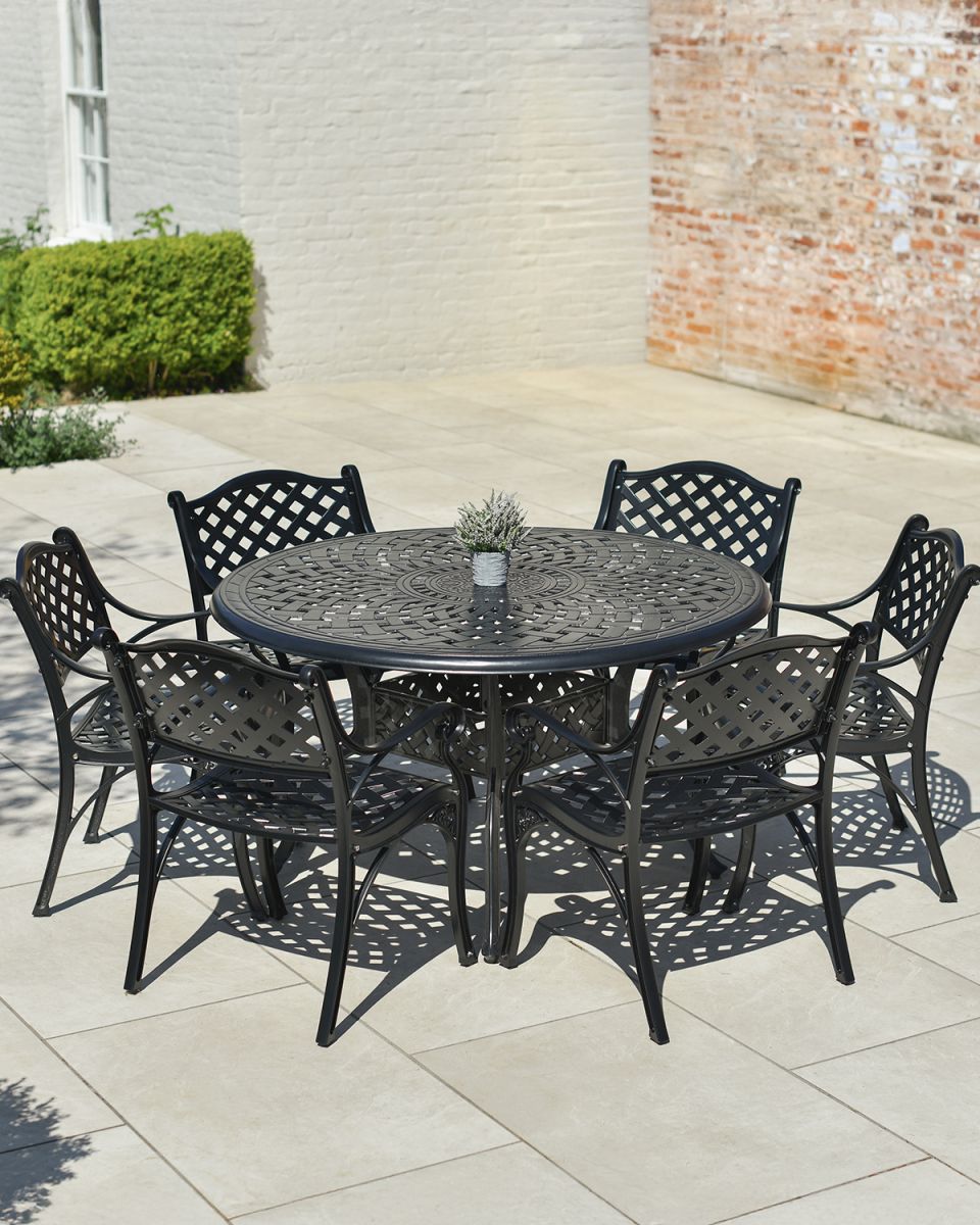 Black "Milford" Six Seater Furniture Set in Situ Outside on a Garden Patio