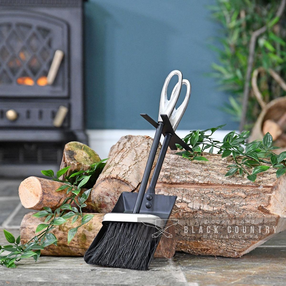 Black and Pewter Loop Handle Brush and Pan Set in Situ by the Fire Place