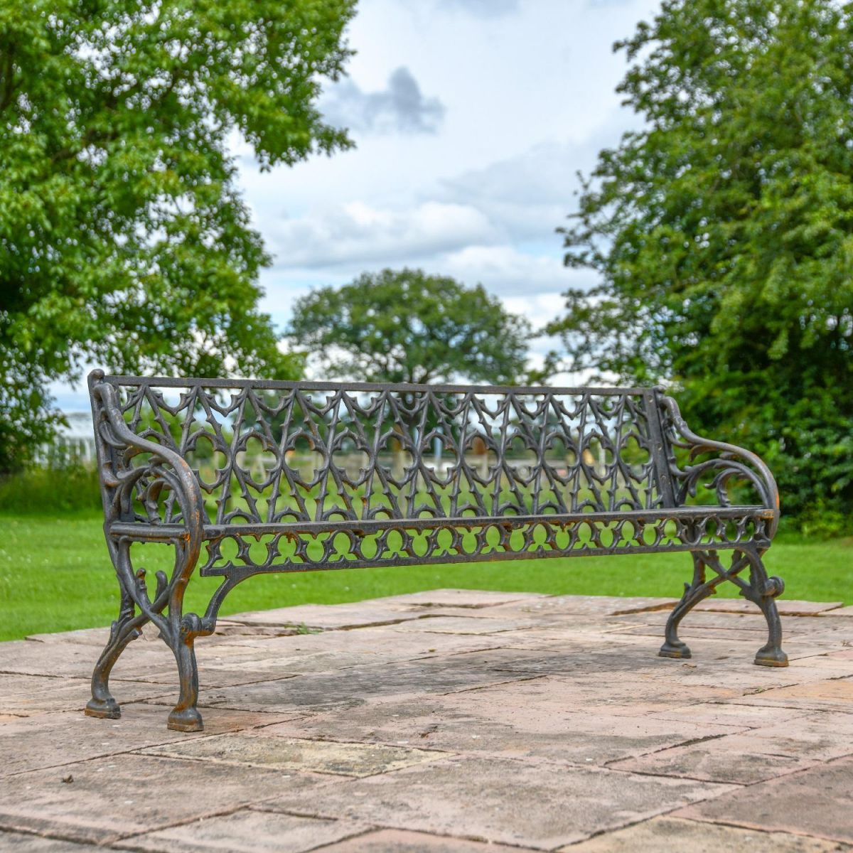 Cast Iron Aged Black Three Seater "Quatrefoil" Bench 