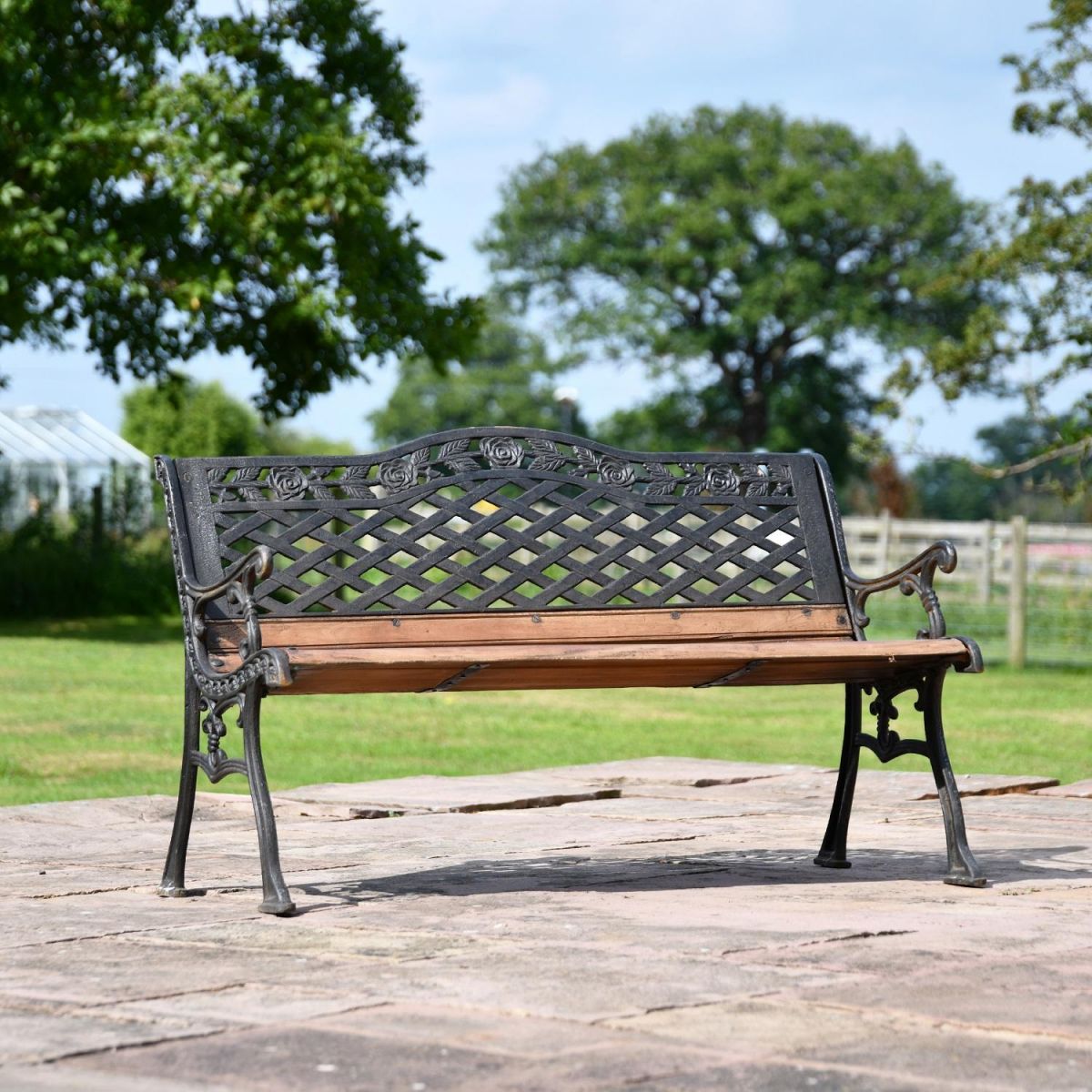 "Rose Lattice" Aged Black Cast Iron Garden Bench