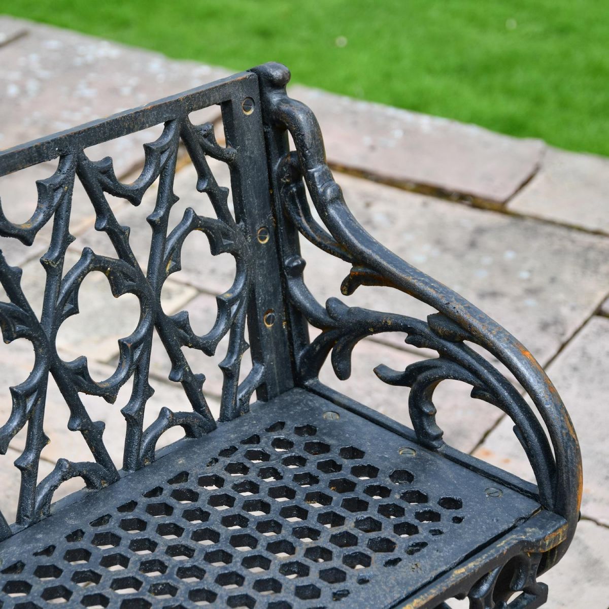 Aged Black Victorian "Quatrefoil" Three Seater Bench 