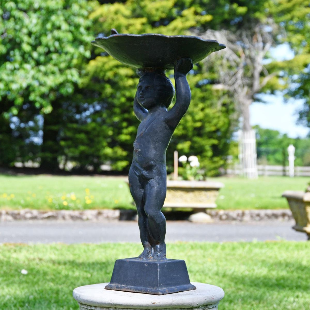 Black Cherub Bird Bath in Situ