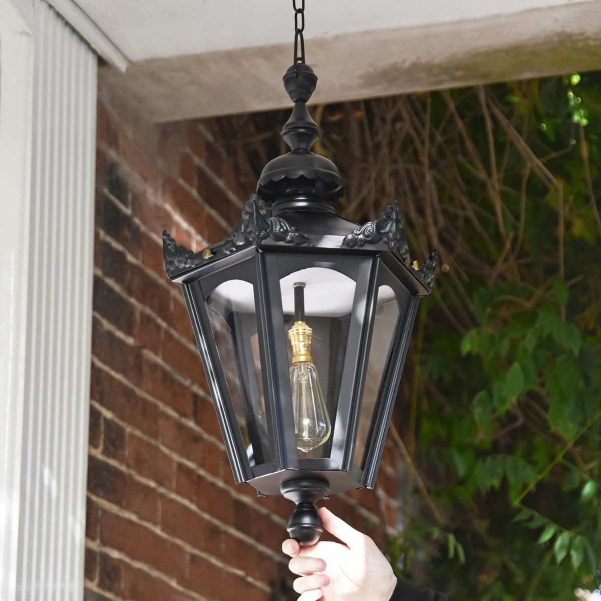 Black Concordia Hexagonal Chain Hanging Porch Lantern to Scale