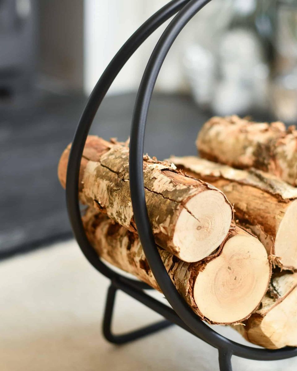 Close-Up of Black Contemporary Circular Log Rack & Holder With Handle - 45cm
