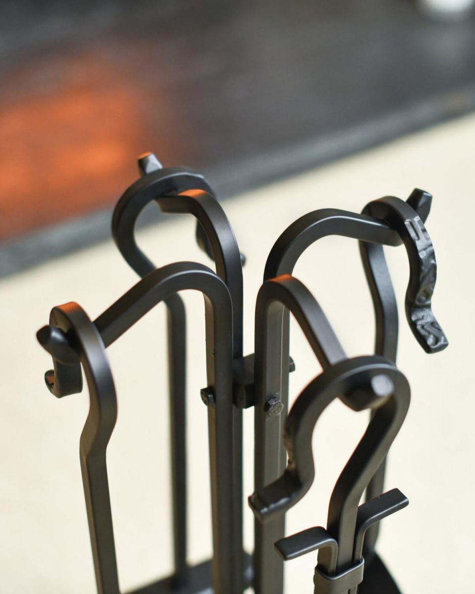Close Up Of Black Contemporary "Quad Stand" Four Piece Companion Set Tools Hanging