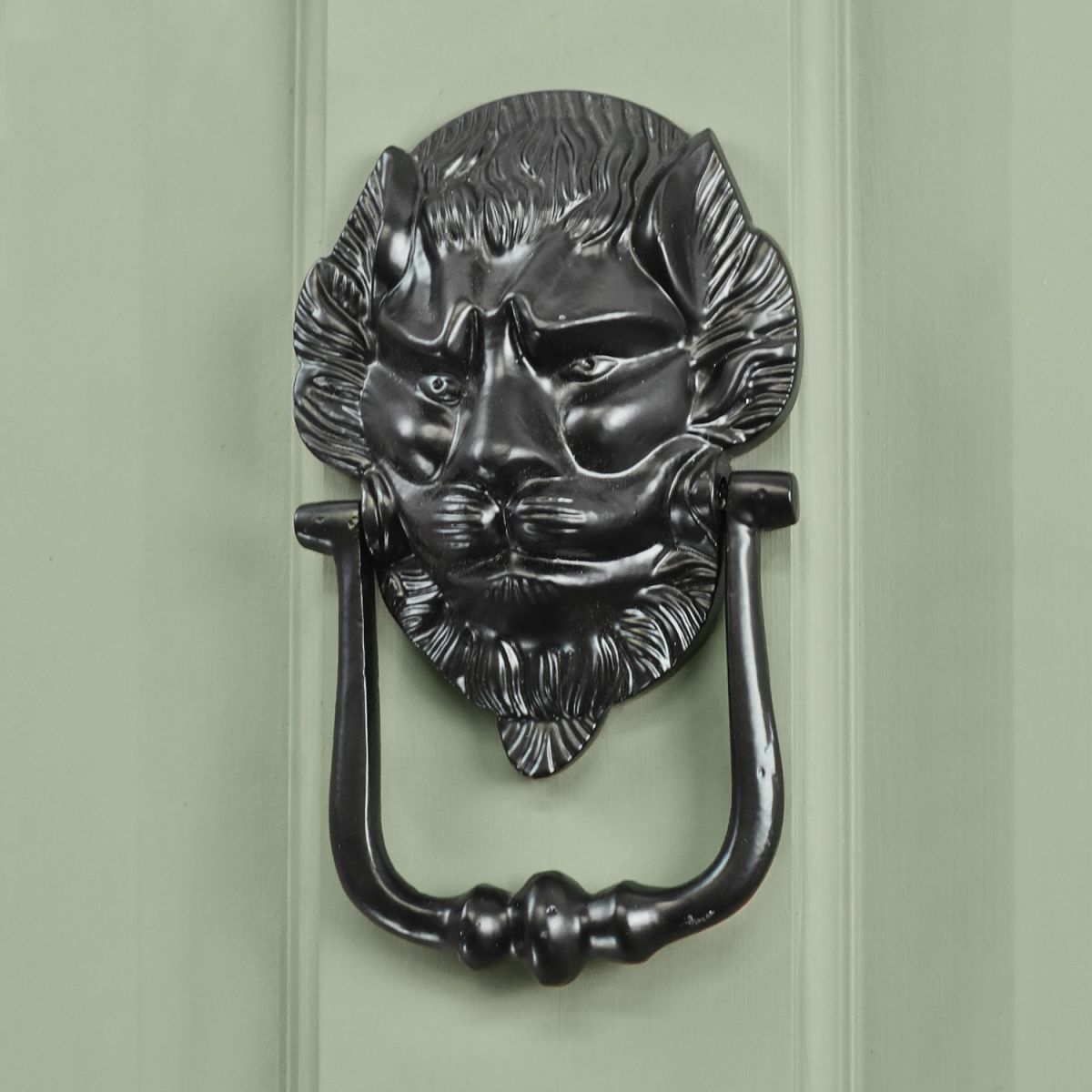 Black Lion Door Knocker in Situ on a Green Door