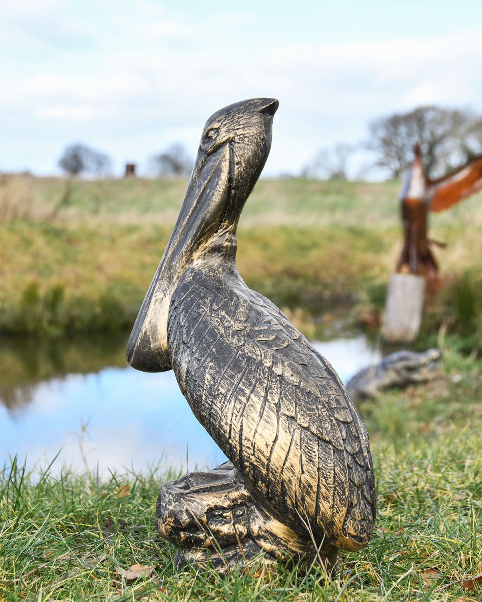 Aluminium Pelican Garden Sculpture Finished in a Brushed Gold