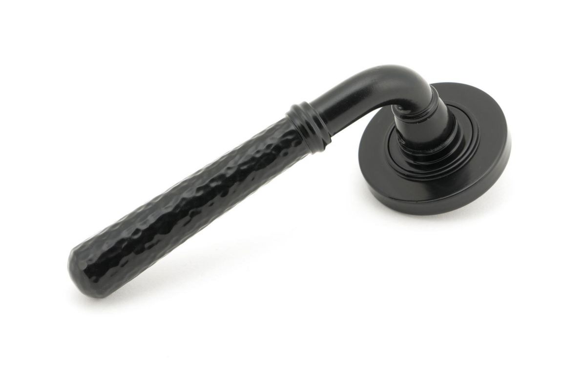 Black Hammered Lever Door Handle on Rose Front