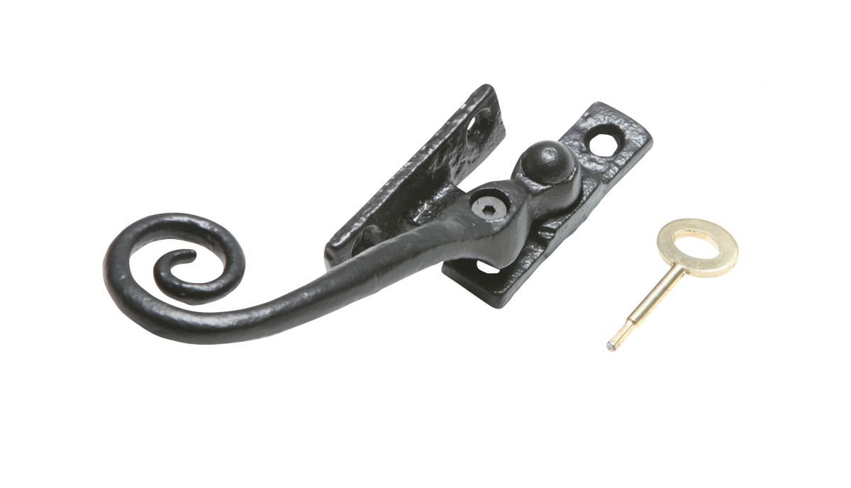 Black Iron Monkey Tail Wedge Window Casement Fastener With Locking Pin - Right Hand