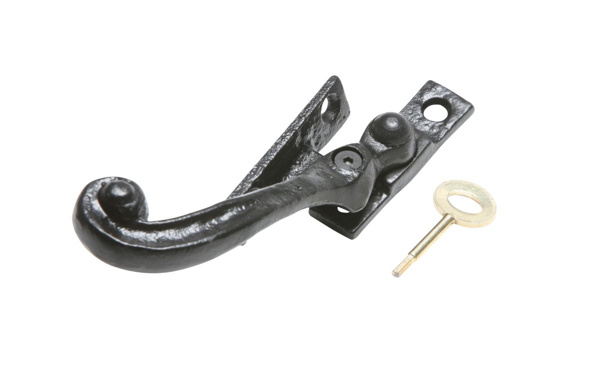 Black Iron Scroll Tail Window Casement Fastener With Locking Pin - Right Hand