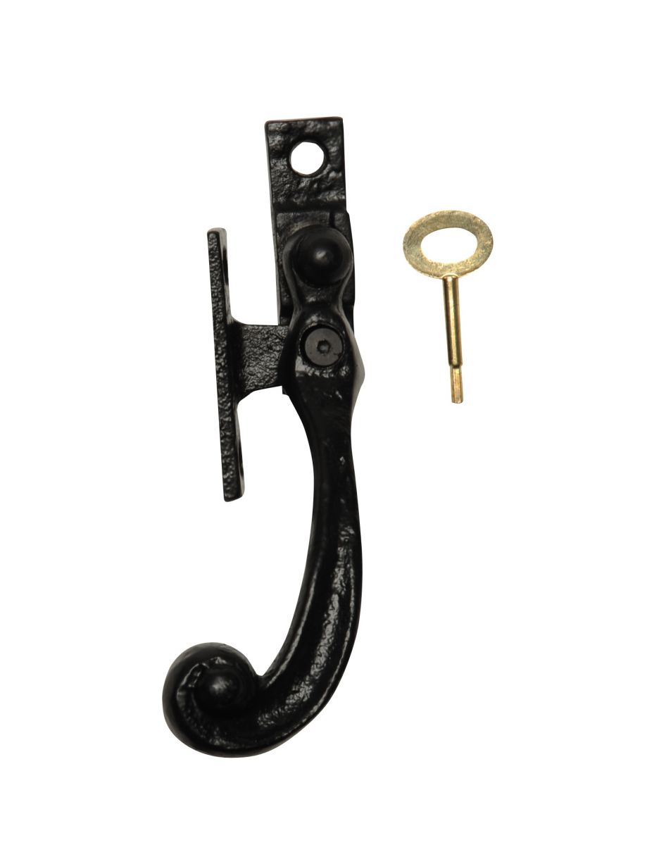 Black Iron Scroll Tail Window Casement Fastener With Locking Pin - Right Hand