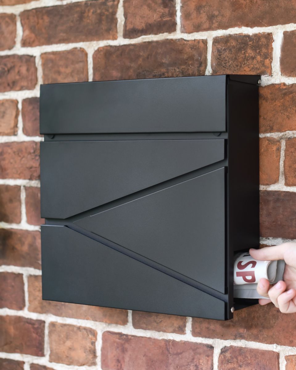 Modern Black Wall Mounted Post Box & Newspaper Holder To Scale