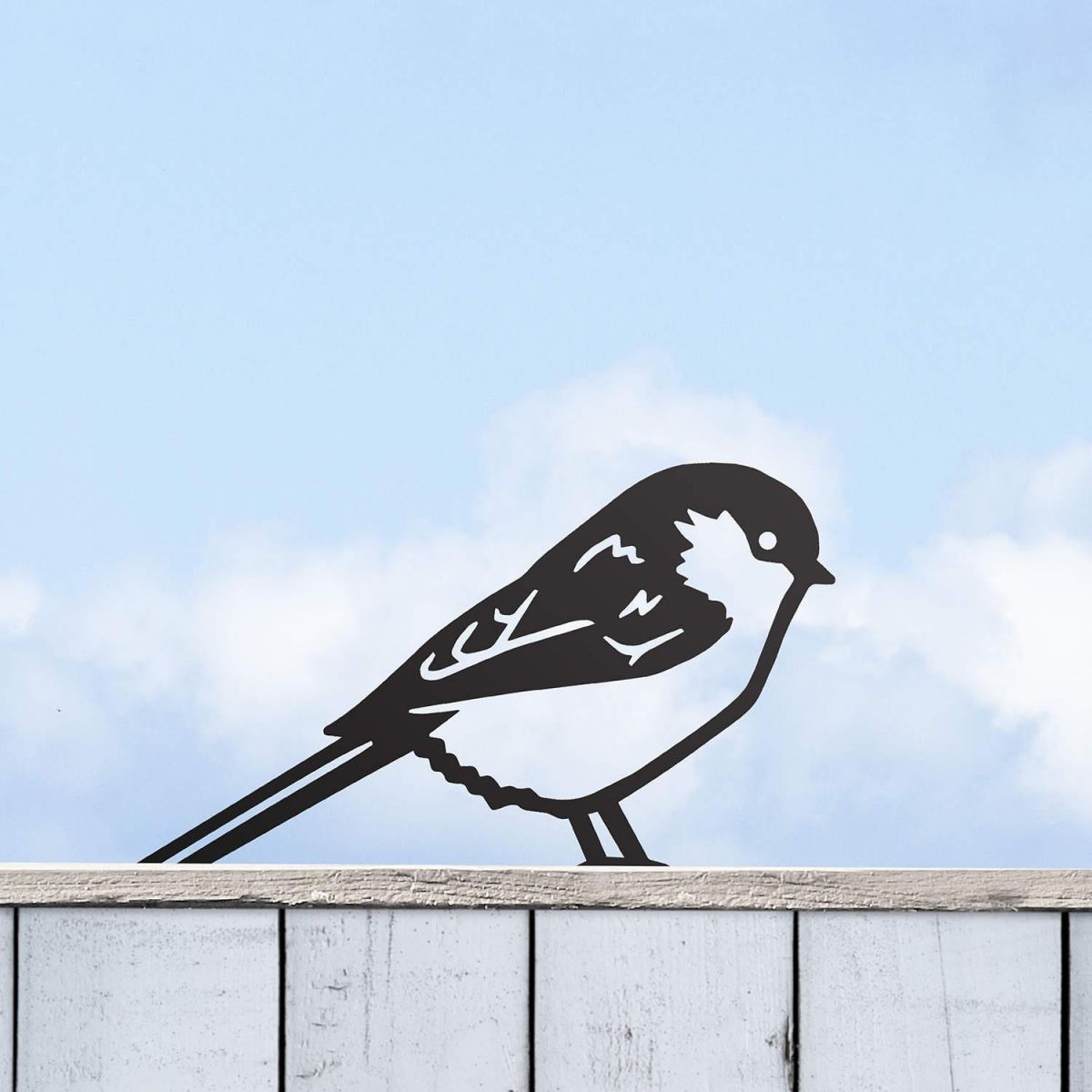Black Long-Tailed Tit Steel Fence Topper in Situ
