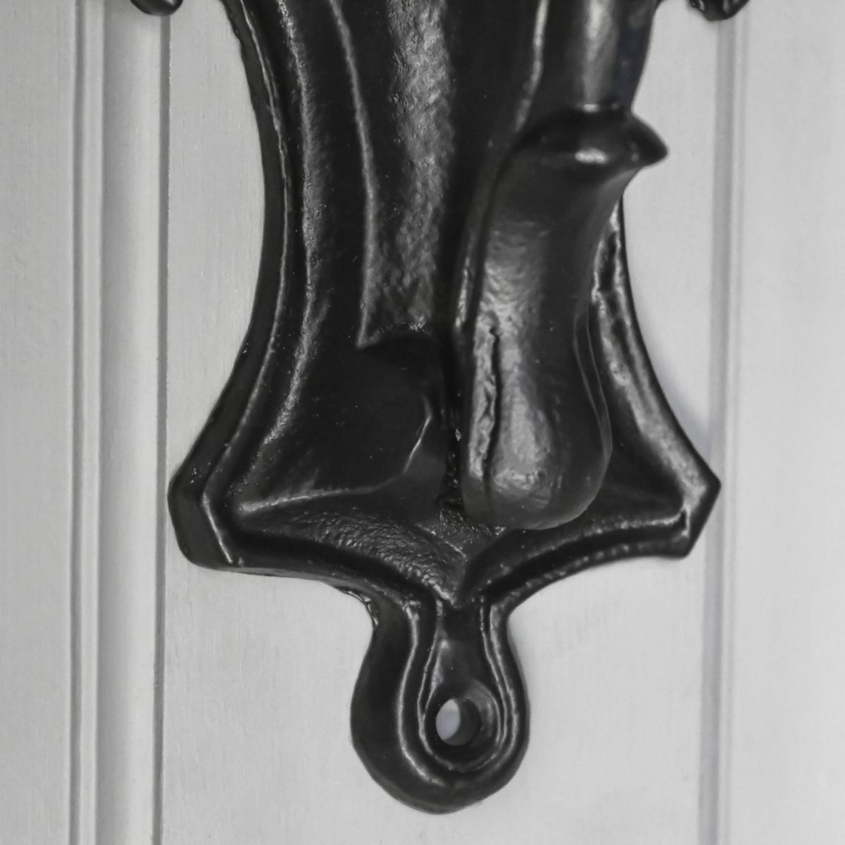 Close-Up of Detailed Pattern on Black Door Knocker