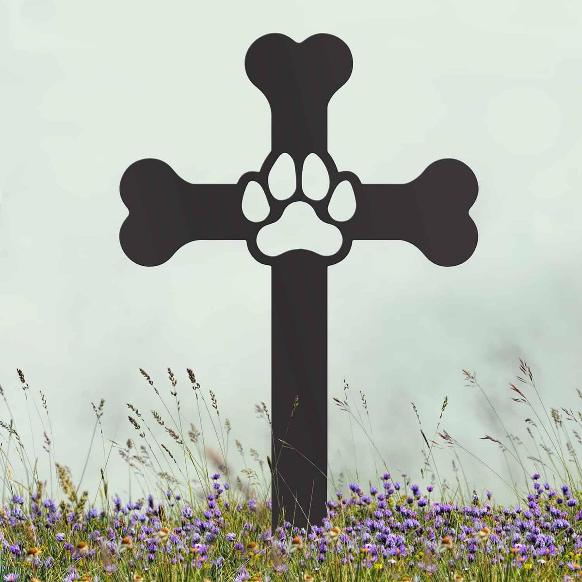 Black Paw Print on Dog Bone Cross Grave Marker Ground Spike in Situ