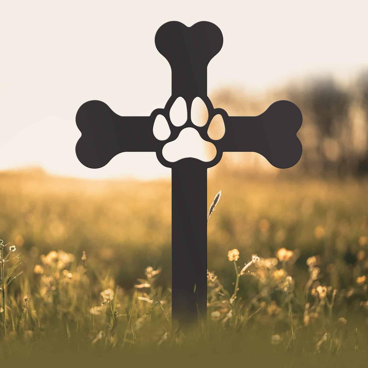 Paw Print on Dog Bone Cross Grave Marker Ground Spike in Black Finish in Situ