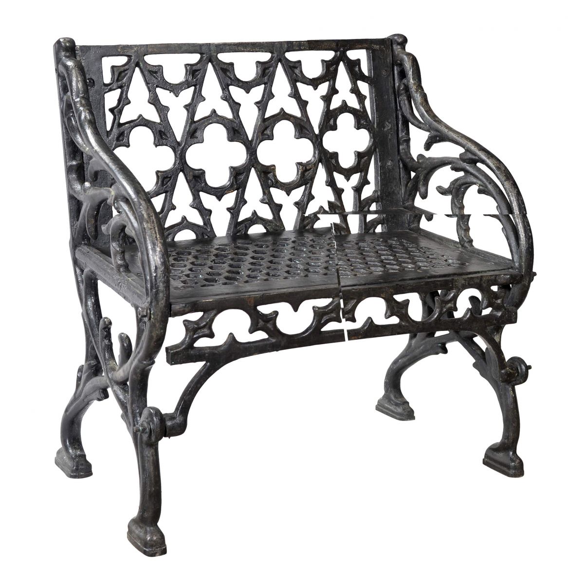 "Quatrefoil" Victorian Cast Iron One Seat Bench Finished in a Black Finish