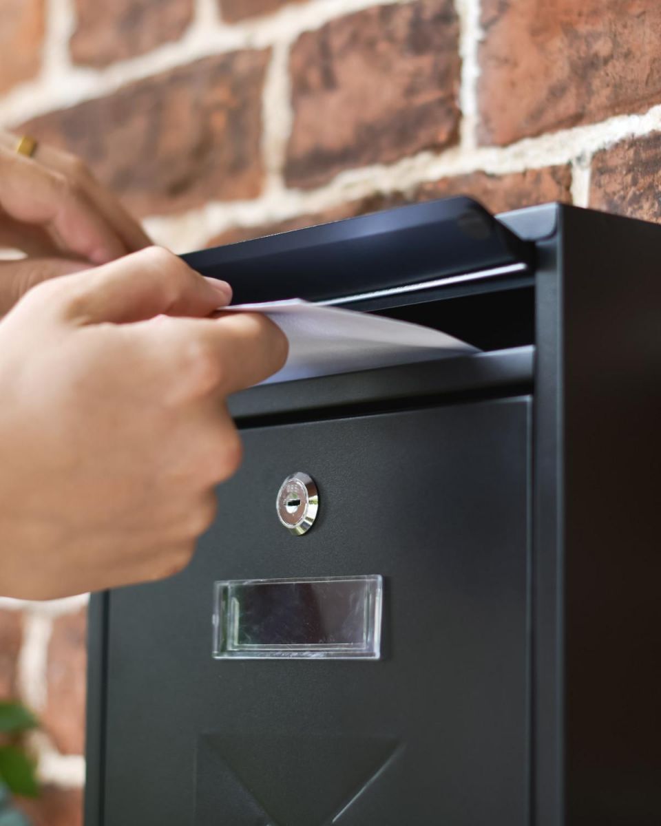 Scale Shot of Black Rectangular Steel "POST" Wall Mounted Post Box with Lock