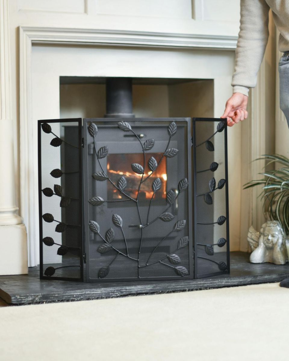 Scale Shot Of Black Rectangular Three Fold Fire Guard with Leaf Pattern