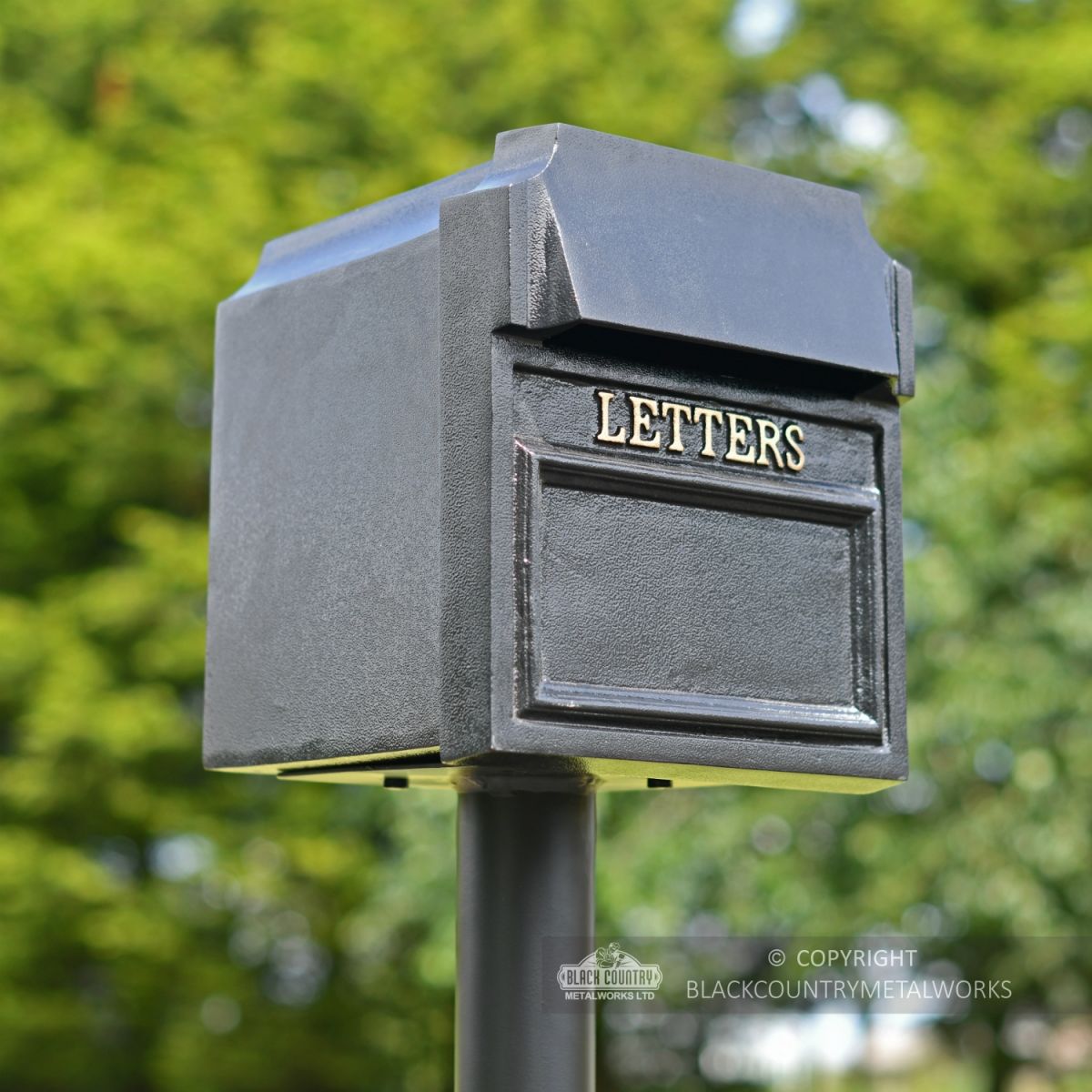 Black “Royal Farringdon” Black Post Box With Gold Lettering