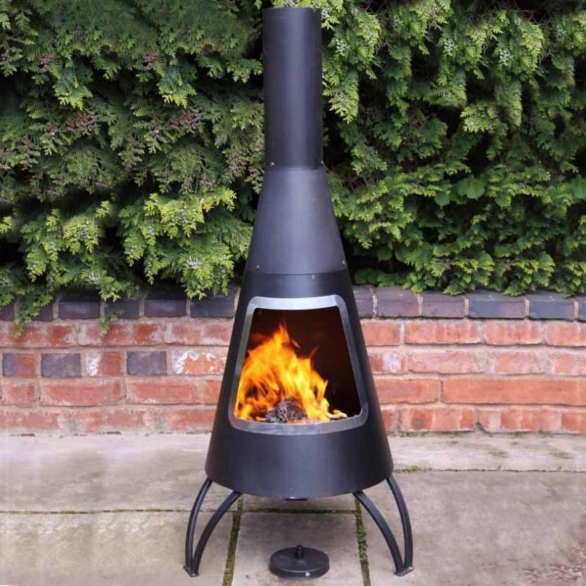 Black & Steel Finish Contemporary Chimenea in Situ in the Garden